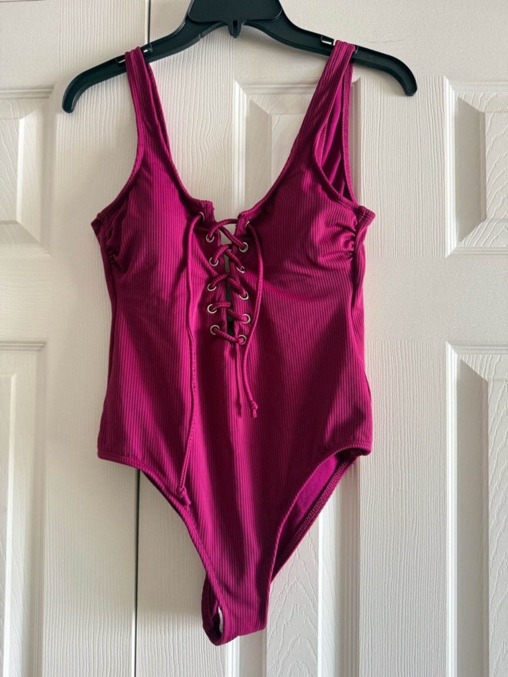 California Waves Ribbed Lace-Up One-Piece Swimsuit in Magenta